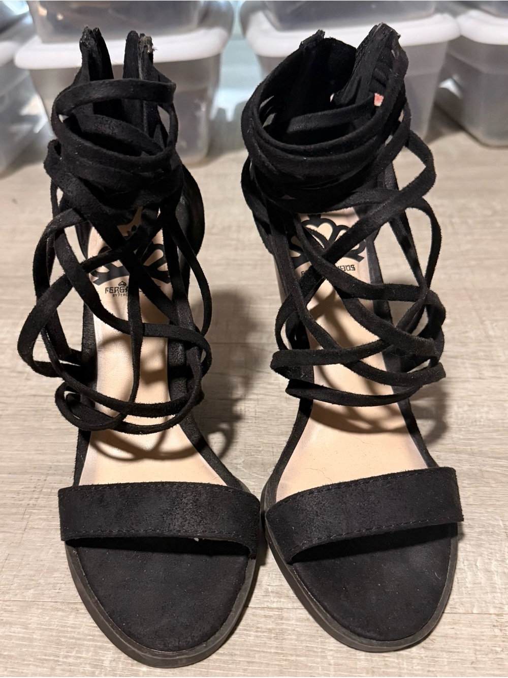 Fergalicious Black Suede Lace-Up Heeled Sandals